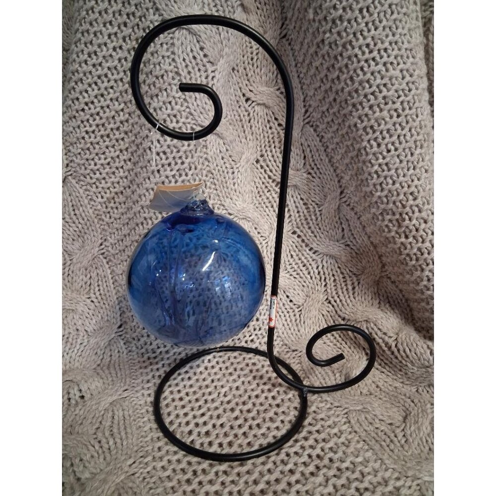 Kitras Art Glass Handblown Blue Ornament With Black Metal Stand-Witch Ball